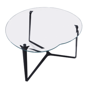 Coffee table with a transparent glass top and black steel legs, modern design inspired by an apple