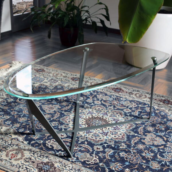 ed Coffee Crystal – Glass Coffee Table with Steel Legs on a Rug