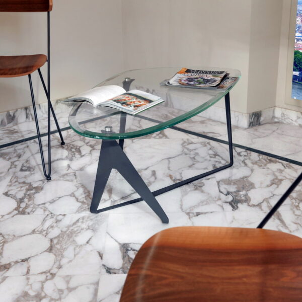 Three-Quarter View of Ted Coffee Crystal – Elegant Glass Coffee Table with Steel Legs